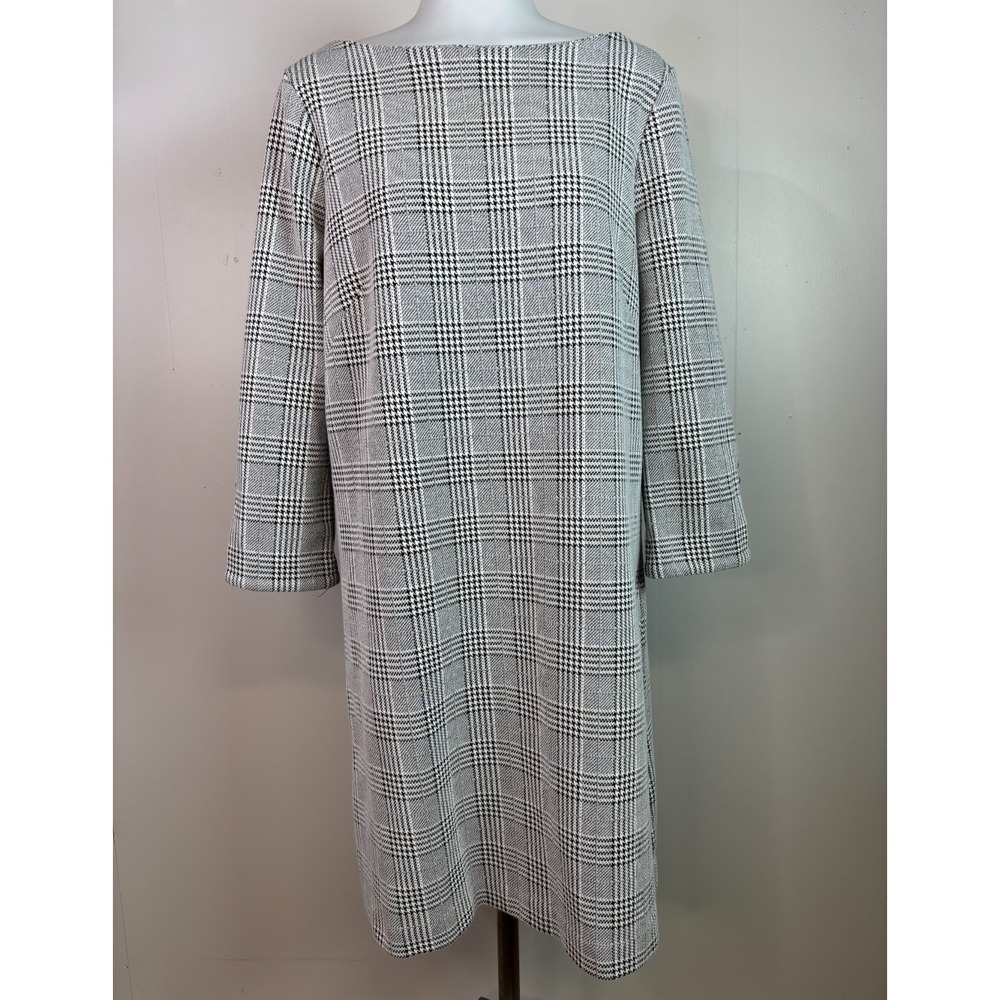 Ann Taylor Shift Dress 8 White Black Plaid Boat Neck 3/4 Sleeve Stretch Women